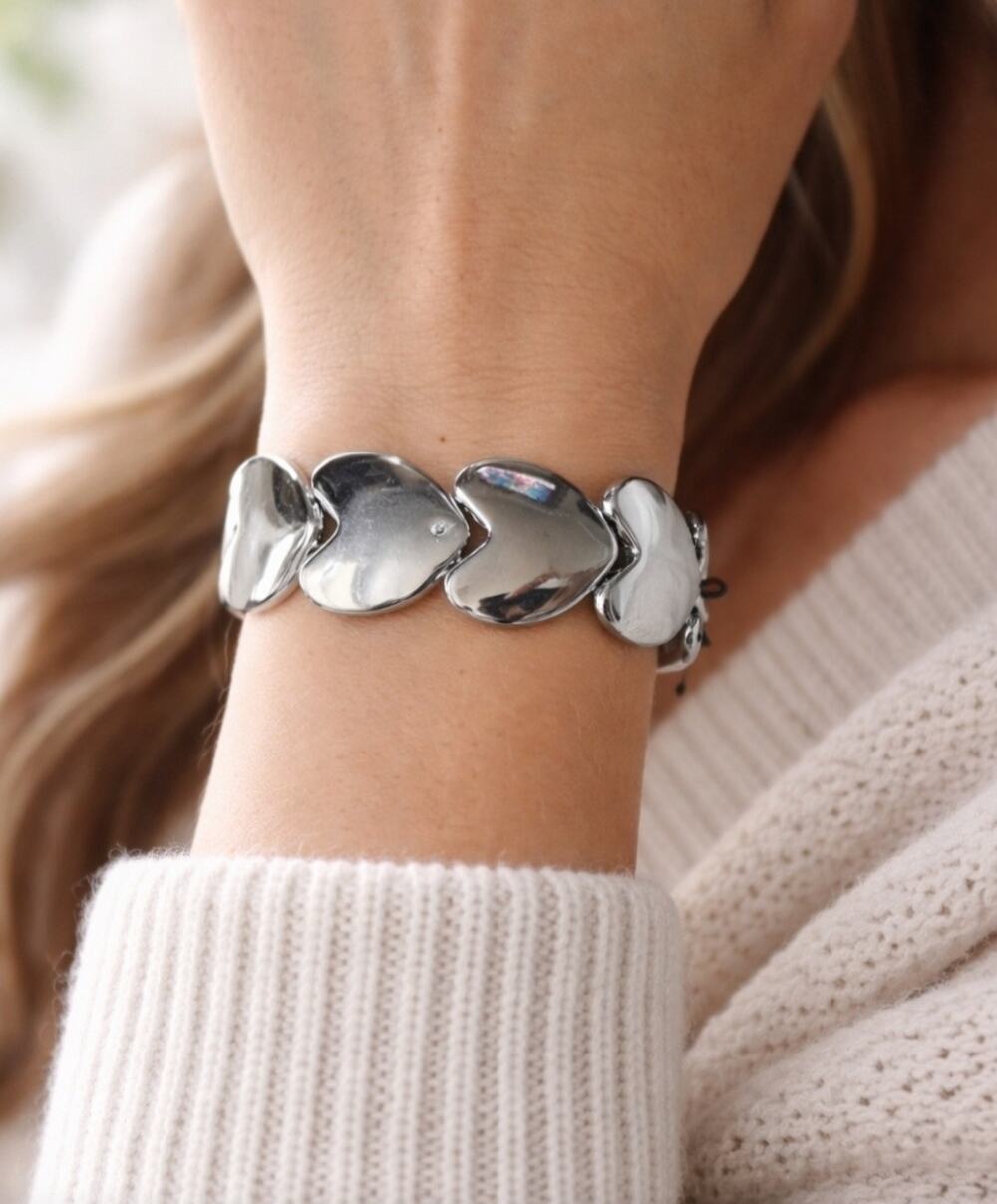 Open Edit Silver Heart Stretch Bracelet New